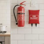 Portable fire extinguisher and fire blanket installed in a UK home