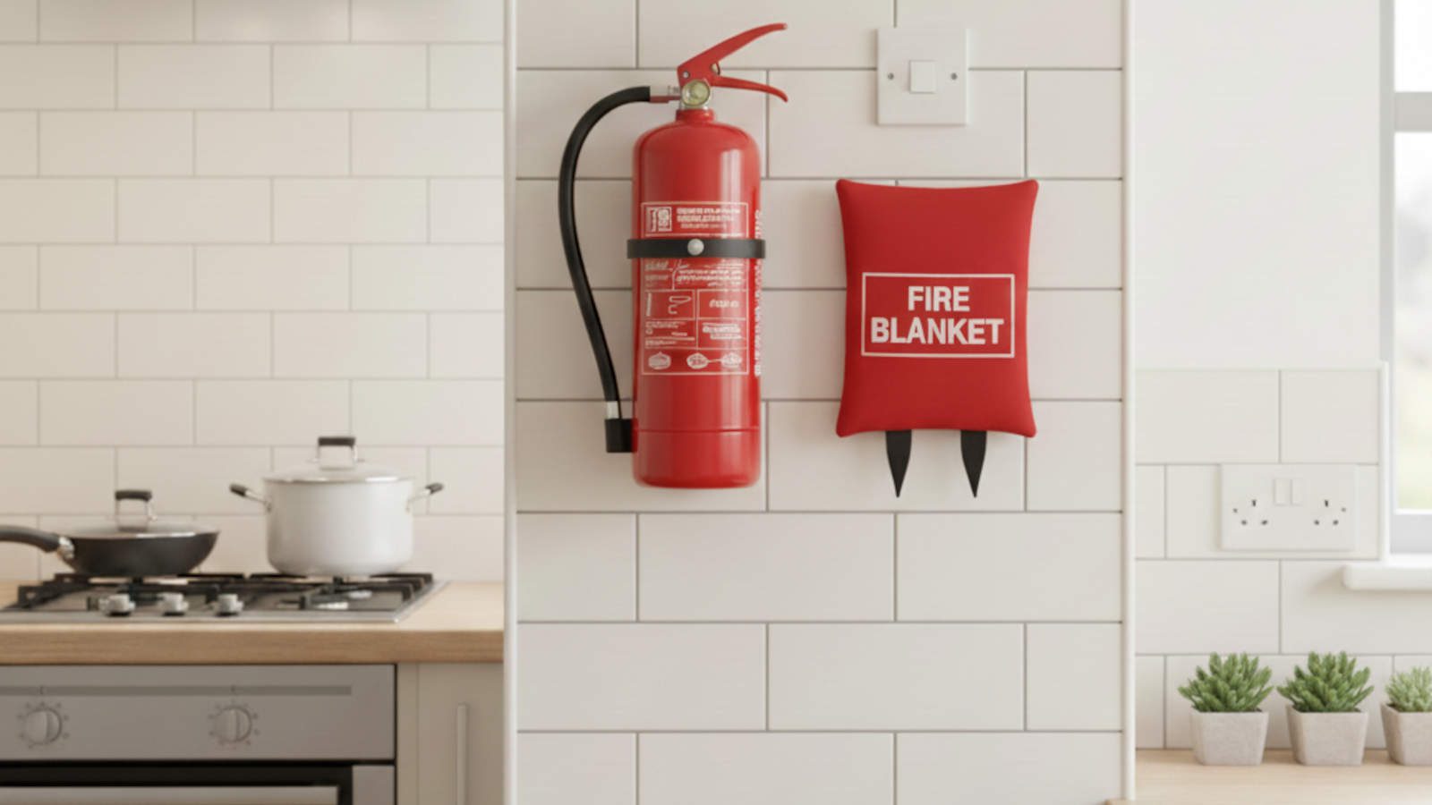 Portable fire extinguisher and fire blanket installed in a UK home