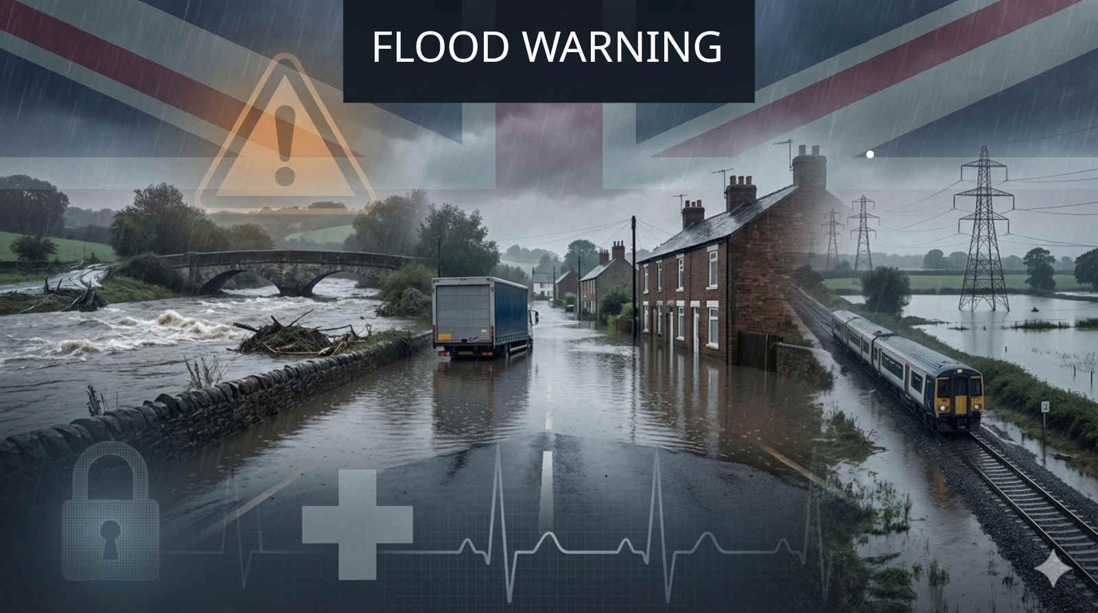 Early UK Flood Warning composite showing a flooded village road with a stranded lorry, terraced houses, a flooded railway, and a swollen river in full spate — UK Prepper Hub