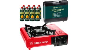 Green Haven portable gas stove in red with its carry case and 8 butane gas cartridges