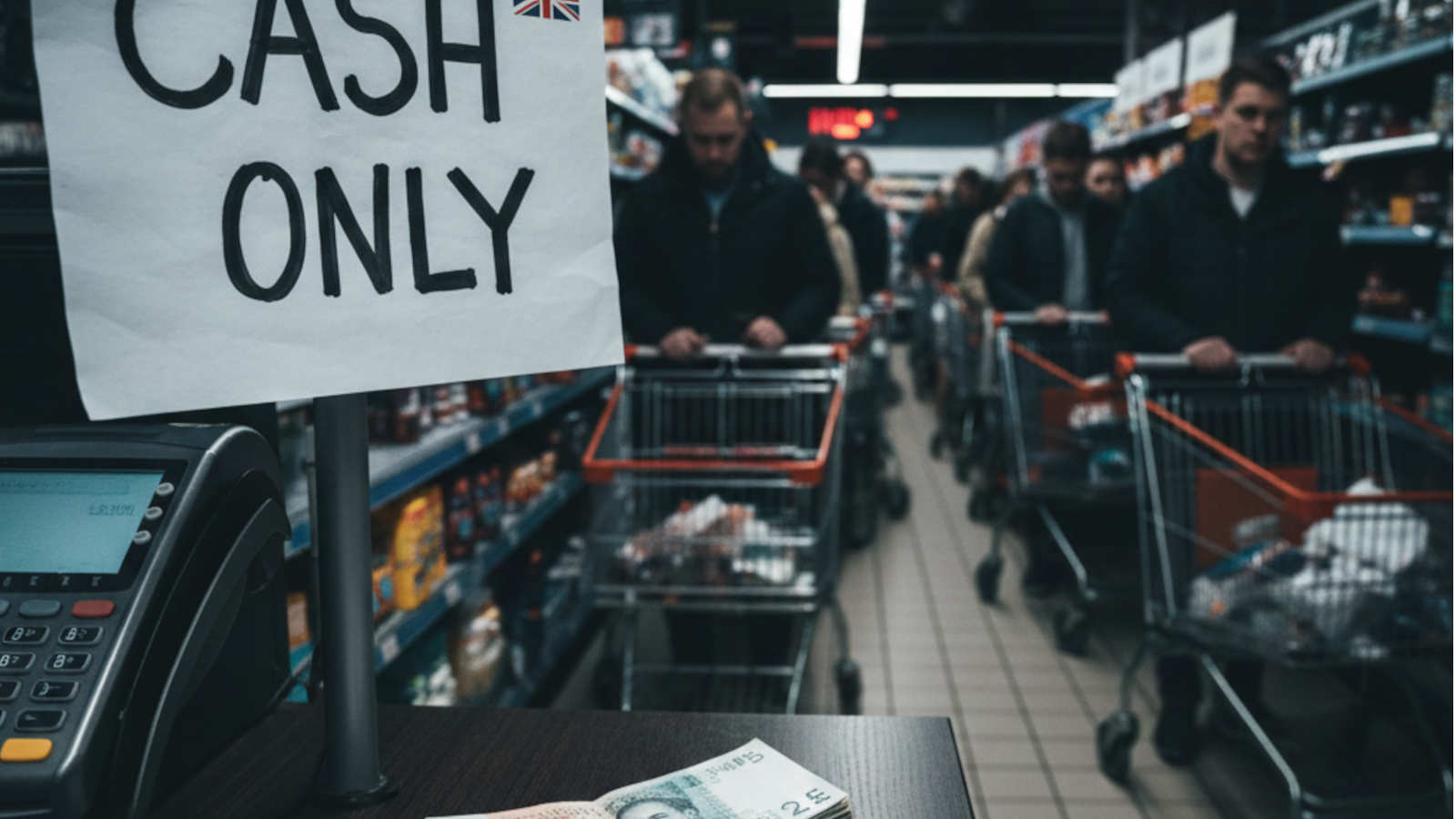 A 'Cash Only' handwritten sign on a glass shop door in the UK, with blurred customers and a card machine in the background, illustrating a payment system outage.