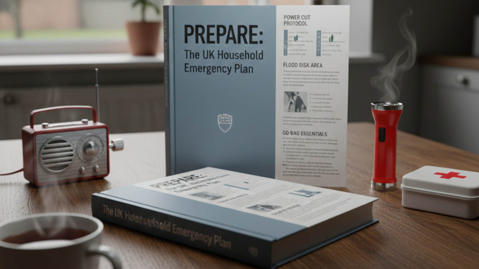 A desk featuring the official UK Government 'Prepare' website on a laptop, alongside an emergency wind-up radio, torch, and first aid kit.