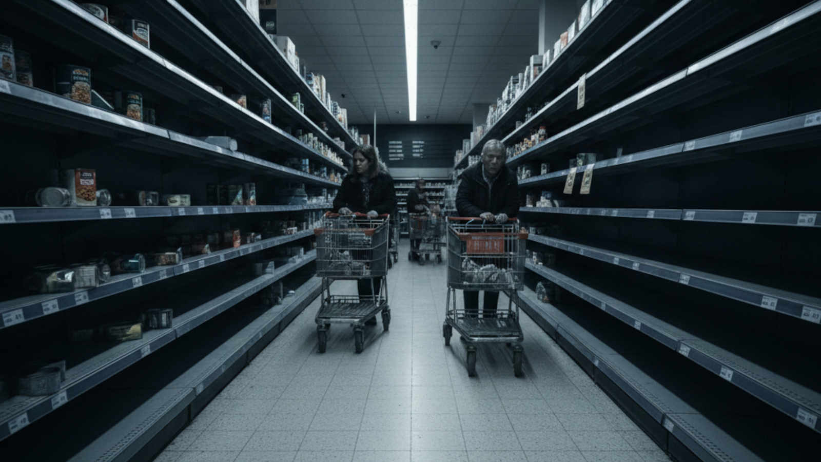 A wide-angle view of empty supermarket shelves in a UK store with 'Out of Stock' signs, illustrating the fragility of just-in-time supply chains.
