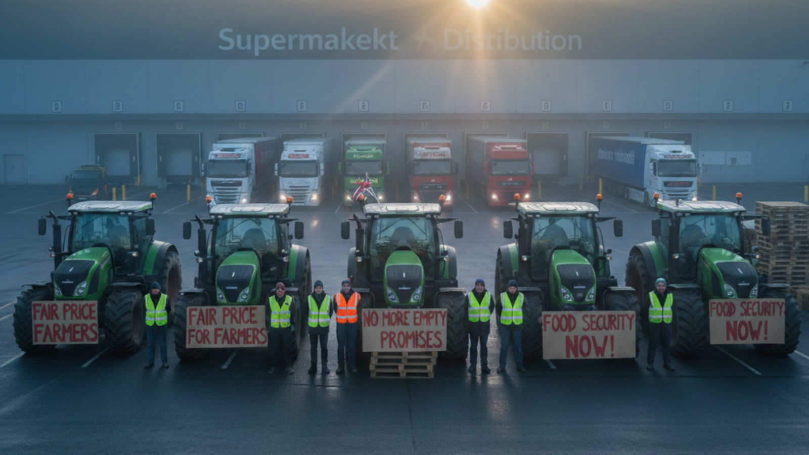 Tractors blocking the entrance to a supermarket distribution centre with "Fair Price for Farmers" signs.