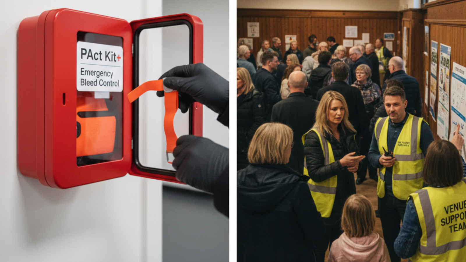 A split-screen showing a Public Access Trauma (PAcT) kit with emergency bleed control on the left and a UK community centre with people in high-vis 'Venue Support' vests on the right.