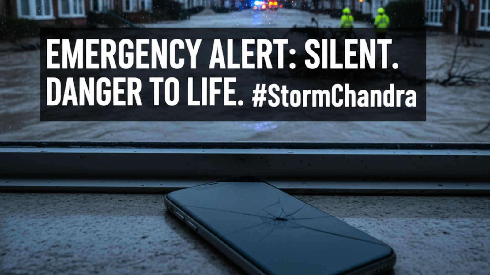 A smartphone sitting silent on a windowsill while a UK street is flooded outside, illustrating the failure of the emergency alert system during Storm Chandra.