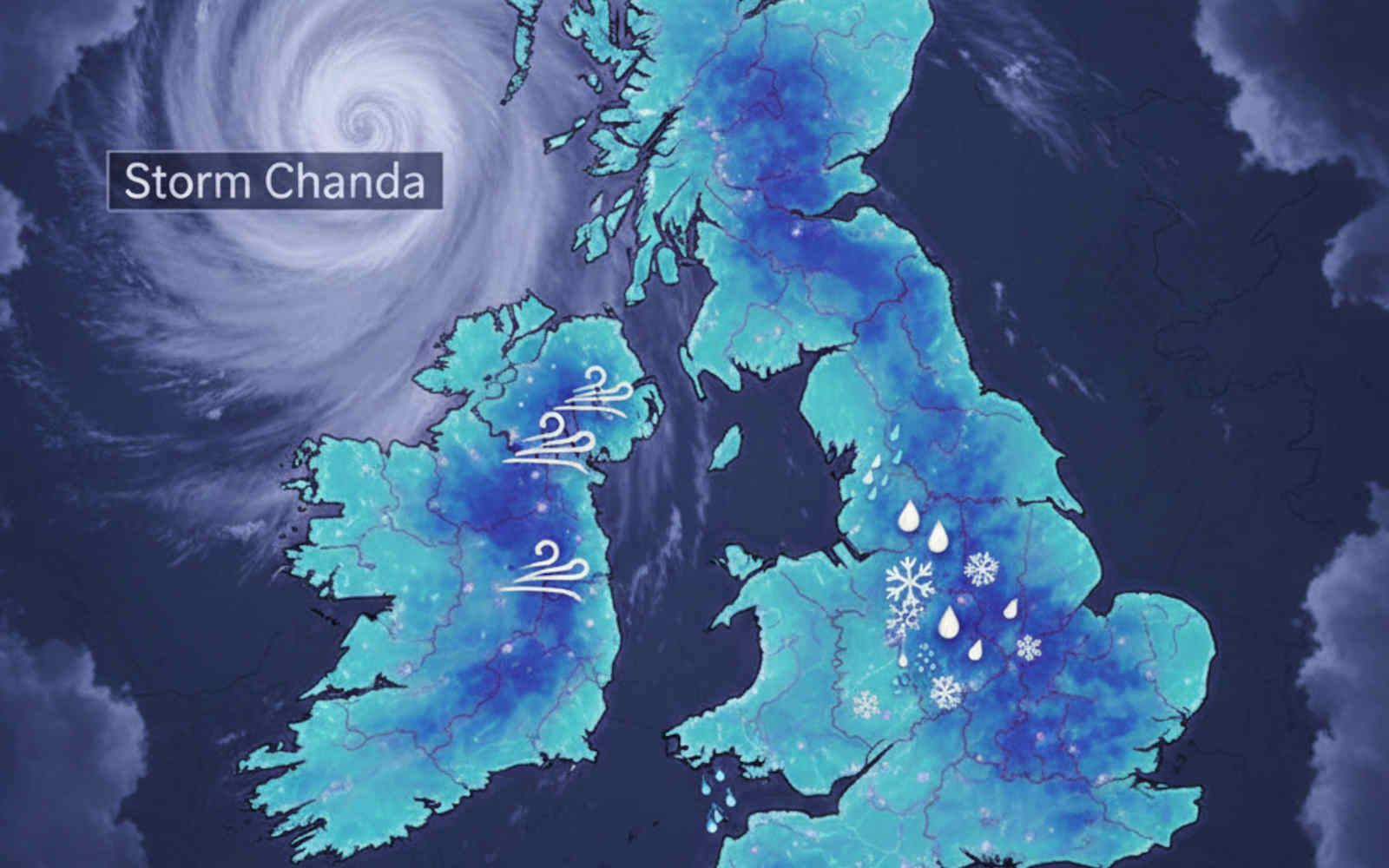 A weather map of the UK using blue hues to indicate cold temperatures and storm intensity as Storm Chandra approaches, featuring wind, rain, and snow icons.