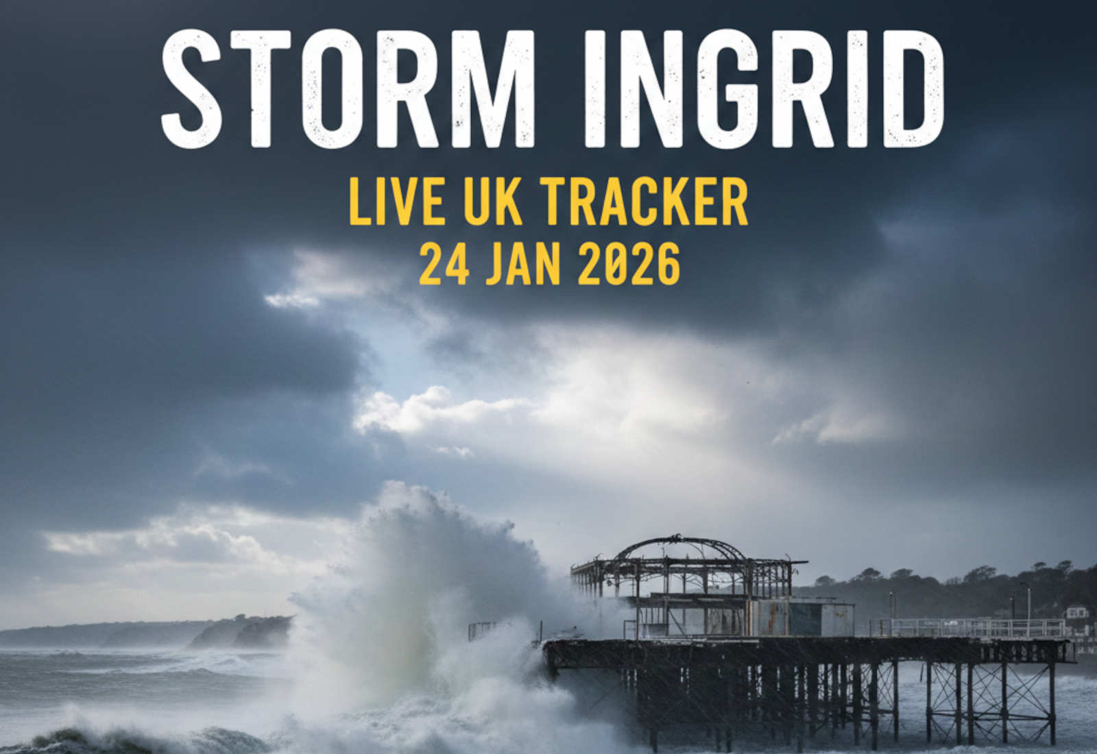 A large wave crashing against a damaged Victorian pier in the UK during Storm Ingrid under a dark, stormy sky.