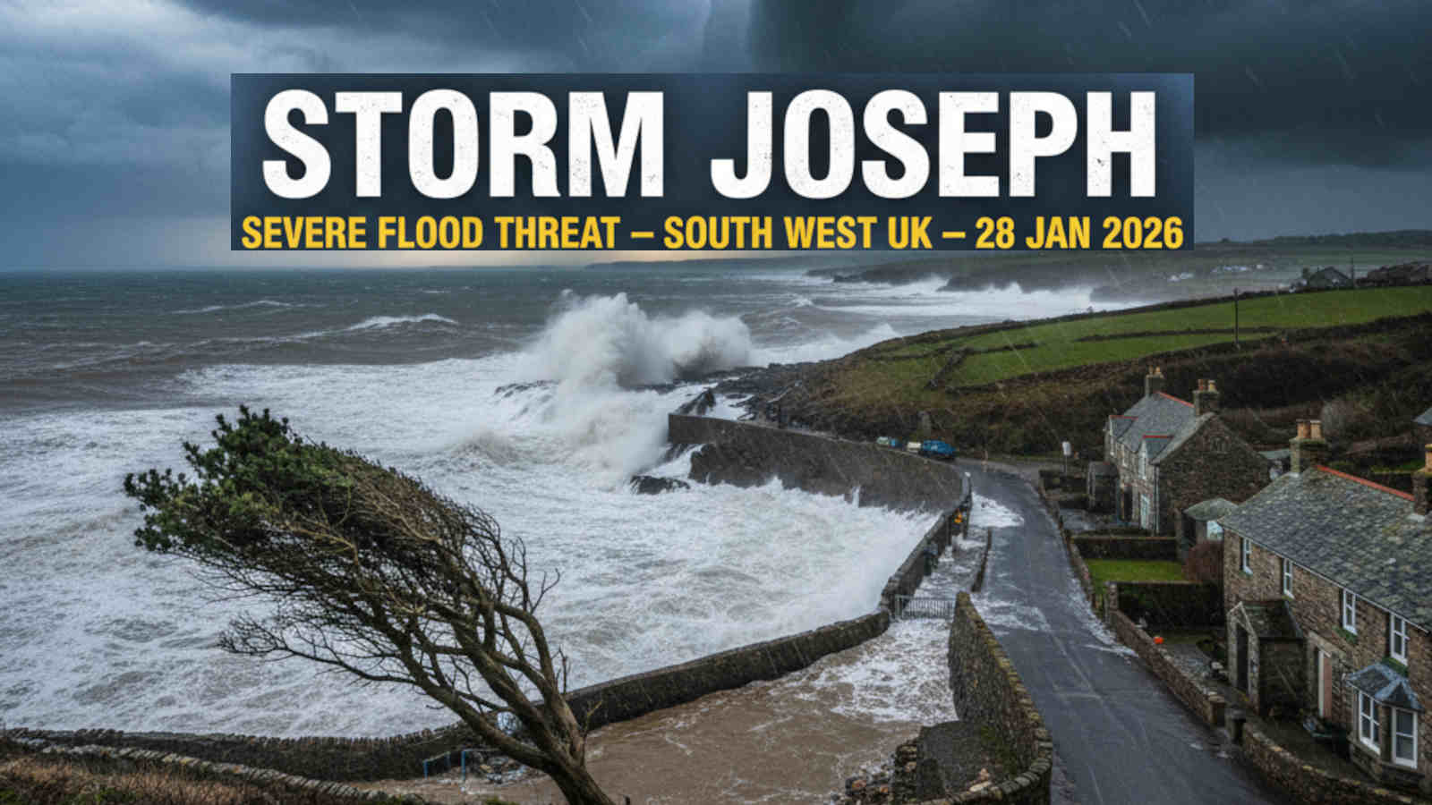 Storm Joseph bringing heavy rain and severe flooding threats to a coastal village in South West UK, with large waves crashing against sea walls under a dark, dramatic sky.