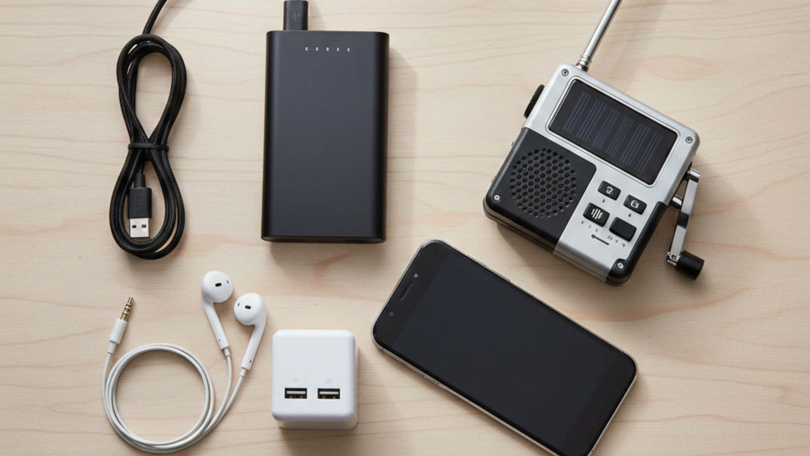 Emergency power and communications equipment on wooden table including power bank, USB cables, wall charger, wind-up radio, wired earphones, and smartphone for UK grab bag