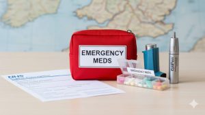 View of an NHS prescription slip and a red emergency medication bag centered for Google Discover optimization