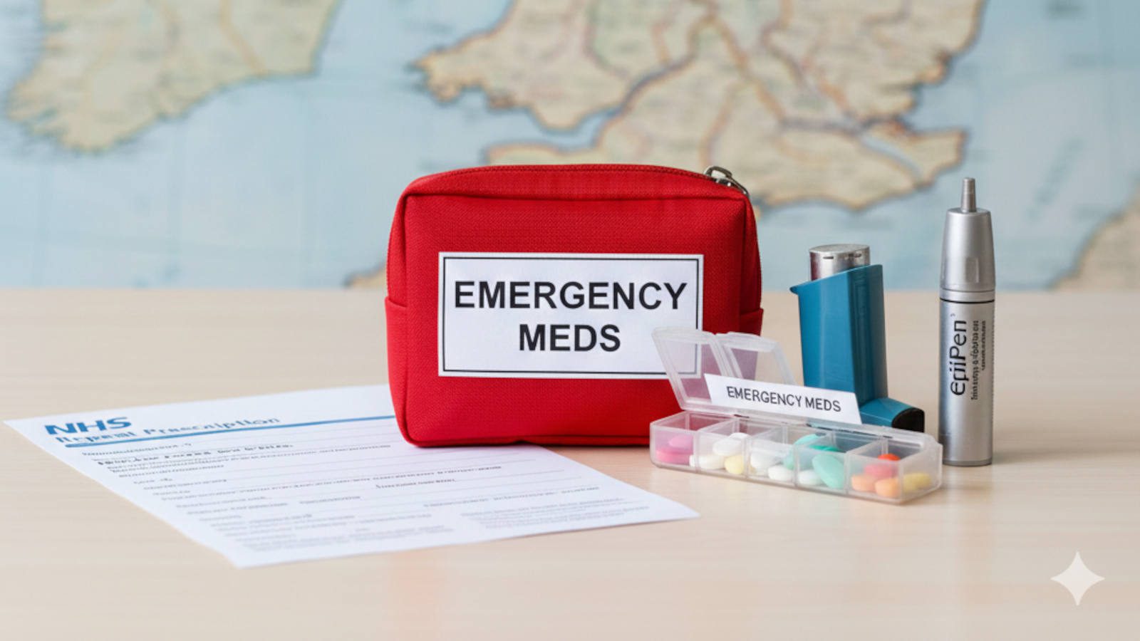 View of an NHS prescription slip and a red emergency medication bag centered for Google Discover optimization