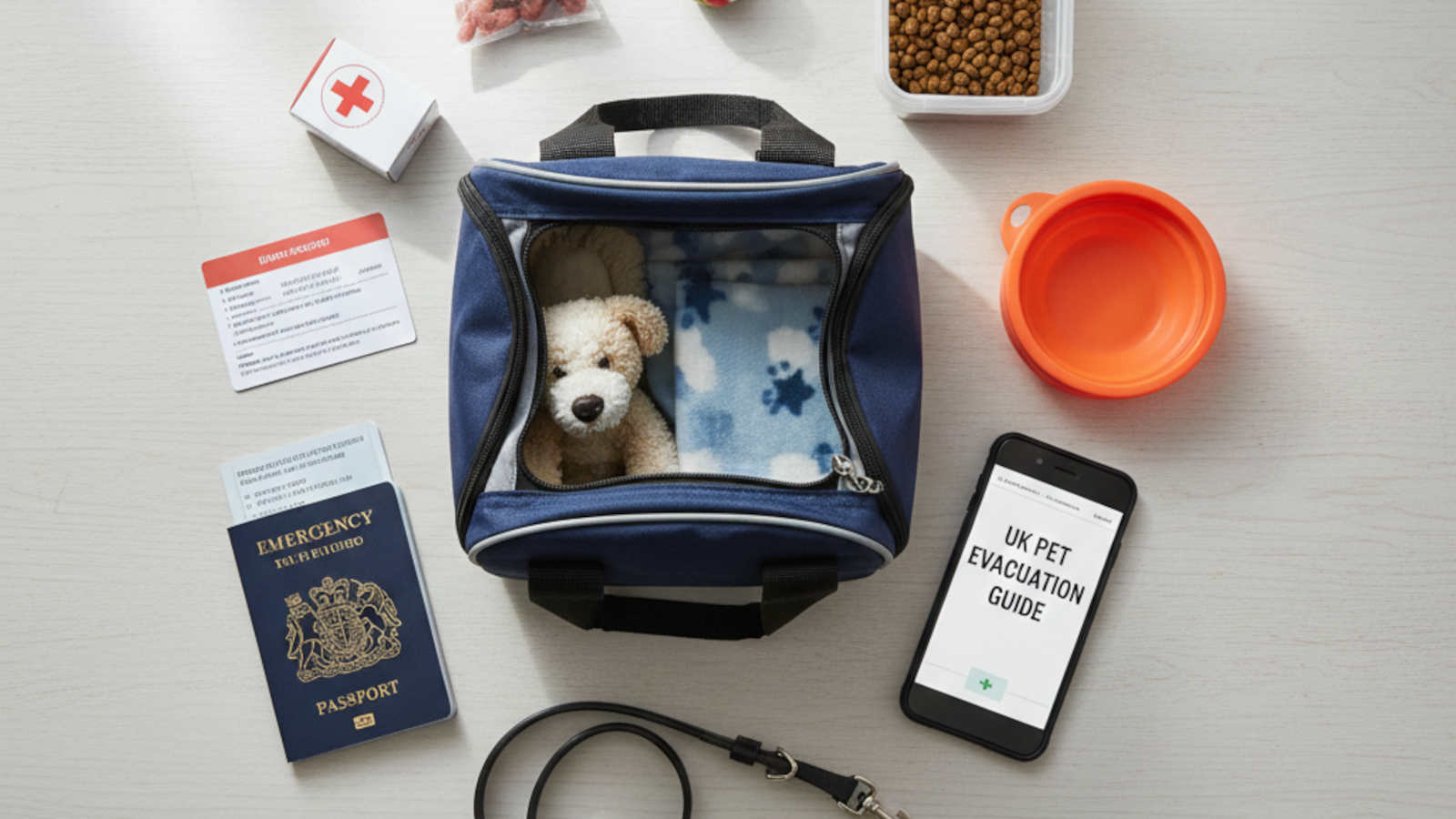 A neatly arranged pet emergency kit on a wooden surface featuring a dog lead, portable water bowl, pet first aid supplies, and a small bag of kibble.