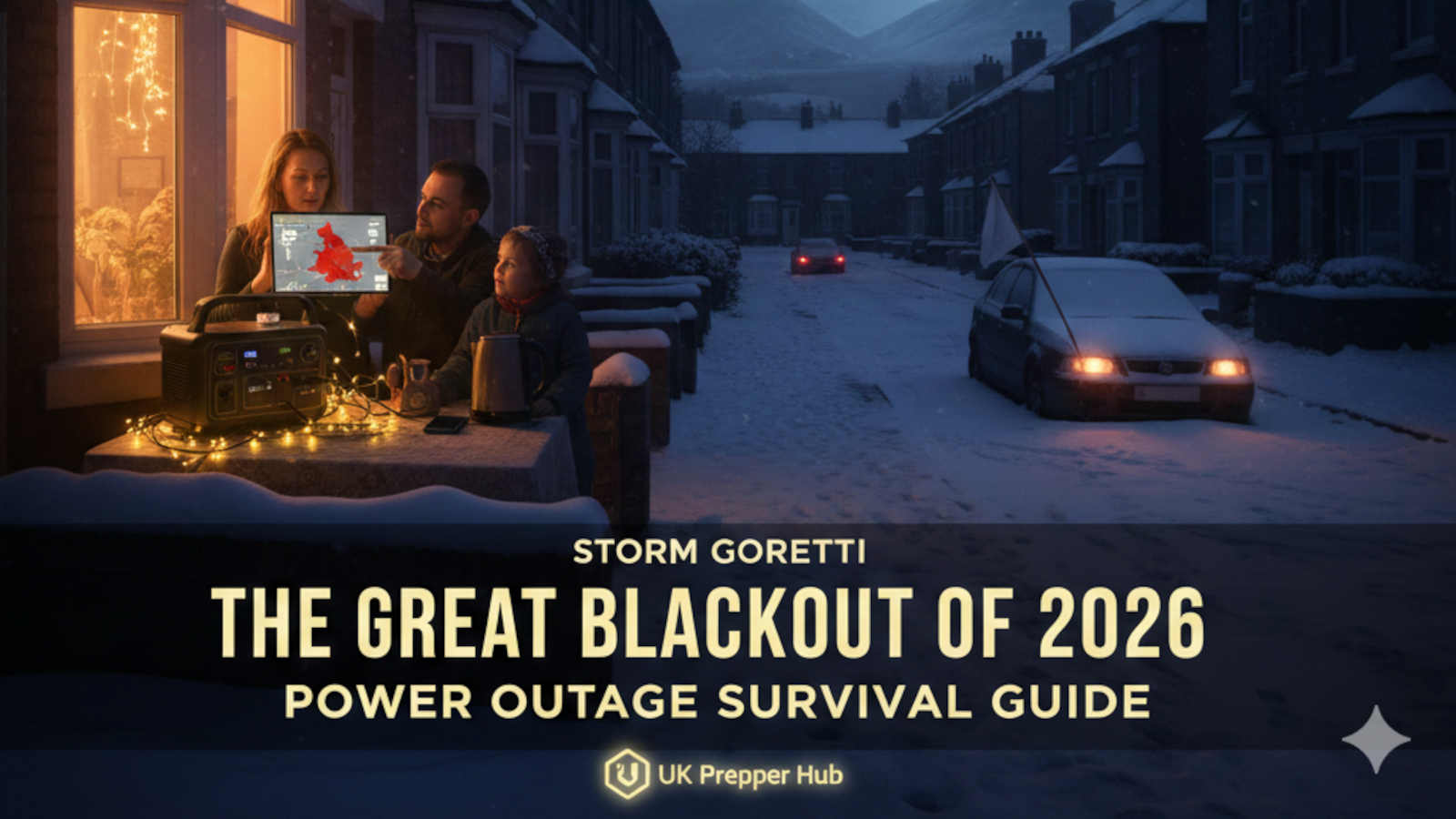 A UK family using a portable power station during a blackout on a snowy street, Storm Goretti 2026.