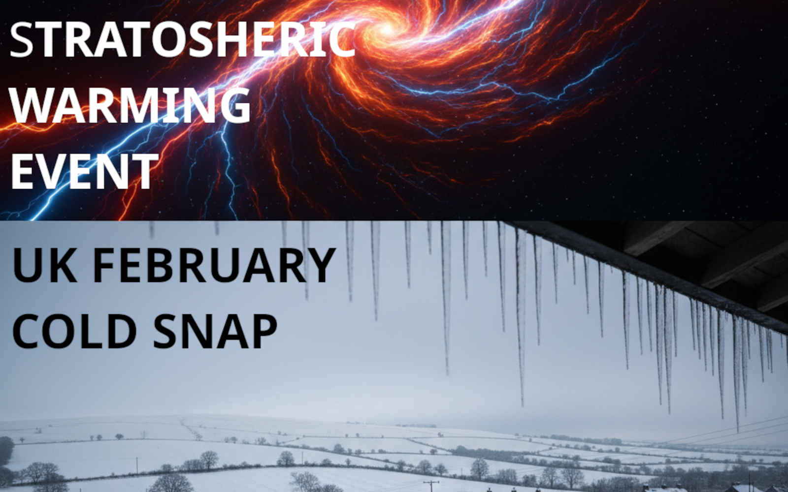 A split-screen graphic showing a swirling orange stratospheric warming event above a frozen, snow-covered UK countryside with icicles.
