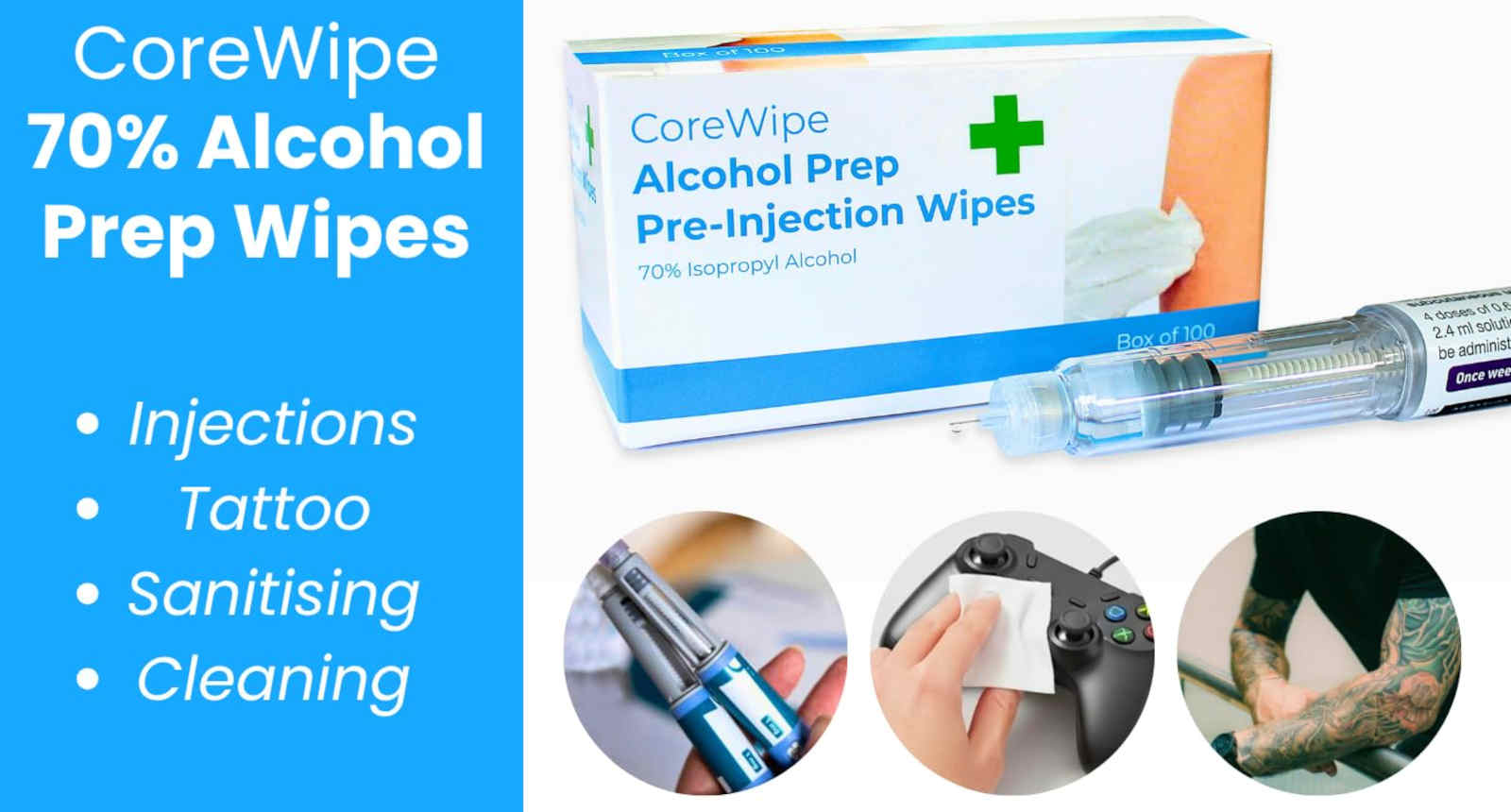 CoreWipe 70% isopropyl alcohol pre-injection wipes, box of 100, with syringe and use-case icons — UK Prepper Hub