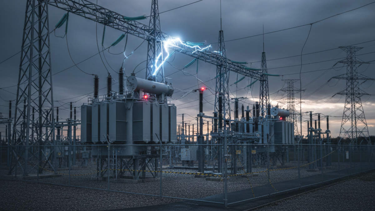 A UK electrical substation at dusk with visible electrical arcing between high-voltage components, red warning lights, and pylons under a stormy sky — UK Prepper Hub