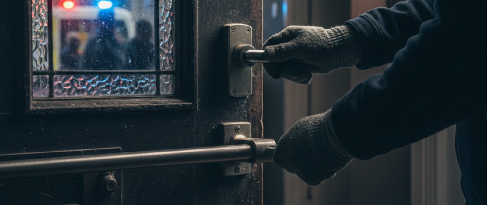 close-up of a person double-locking a sturdy front door with a security bar in a dimly lit hallway, with emergency lights visible through the glass.