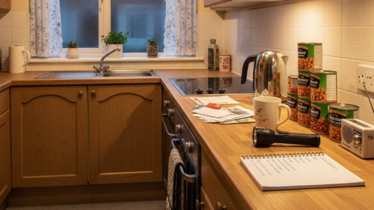 A lived-in British kitchen with everyday items alongside a torch, tinned goods, and a notepad — practical UK household emergency preparedness