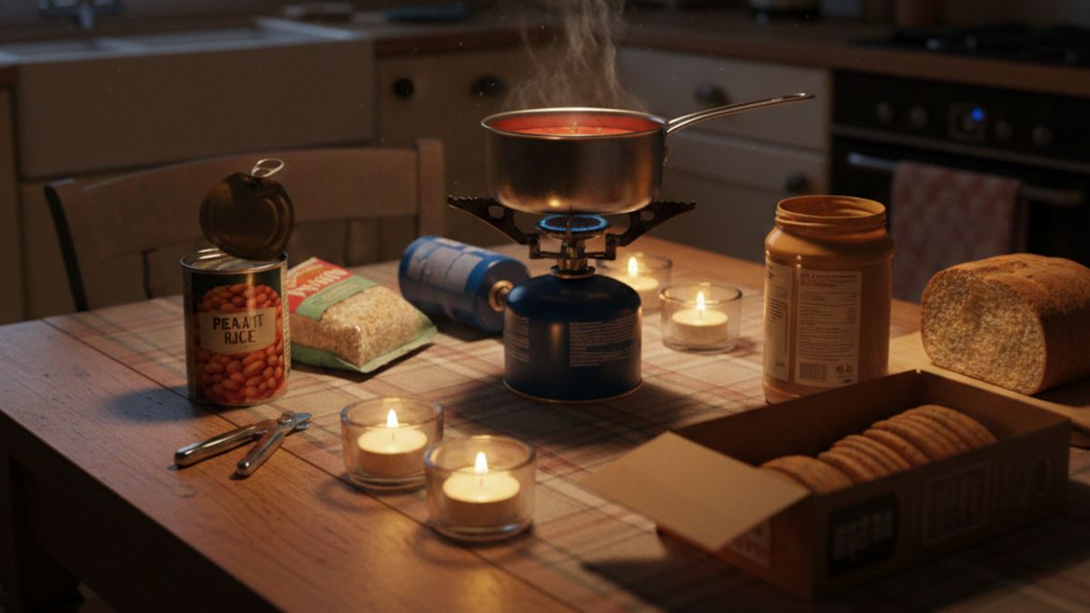 A single-burner camping stove heating soup on a wooden kitchen table in a British home during a power cut, surrounded by tinned beans, rice, and crackers under candlelight.