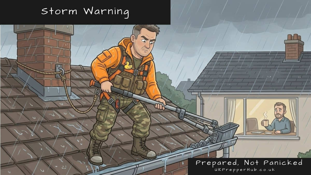 Keith the Prepper in an orange hi-vis jacket on his roof during a storm, using a long-handled tool to clear his guttering, while a bemused neighbour watches with a cup of tea — UK Prepper Hub