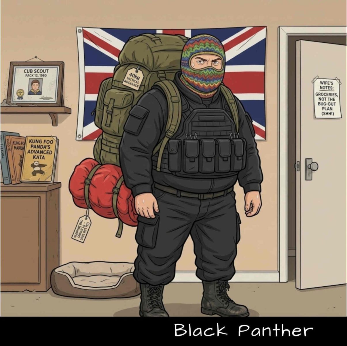 Black Panther in full black tactical gear and colourful hand-knitted balaclava, a 40kg tactical rucksack on his back, Union Jack on the wall and wife's grocery note pinned to the door — UK Prepper Hub