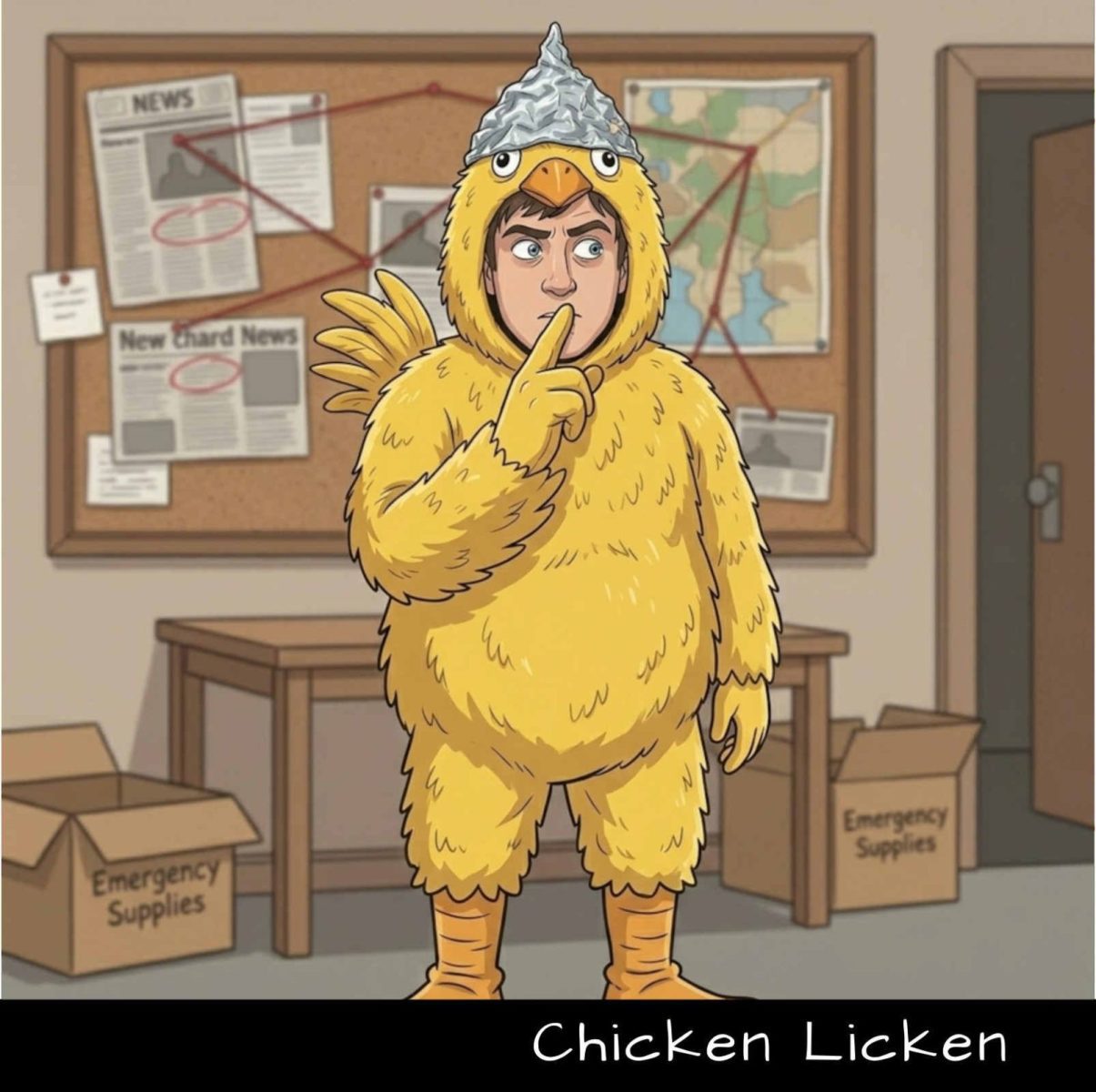 Chicken Licken in his yellow chicken onesie and tinfoil hat, conspiracy corkboard behind him and Emergency Supplies boxes at his feet — UK Prepper Hub