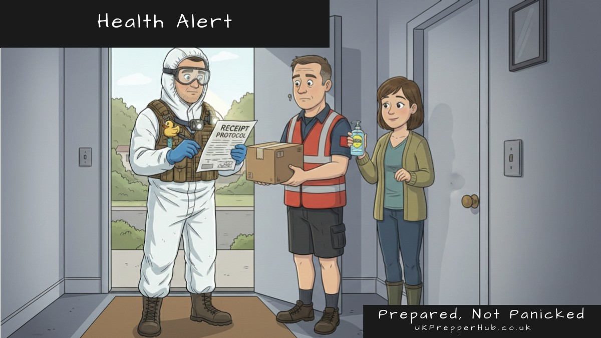 Health Alerts - Keith the prepper is receiving a delivery and to be careful, he is in a white coverall and goggles
