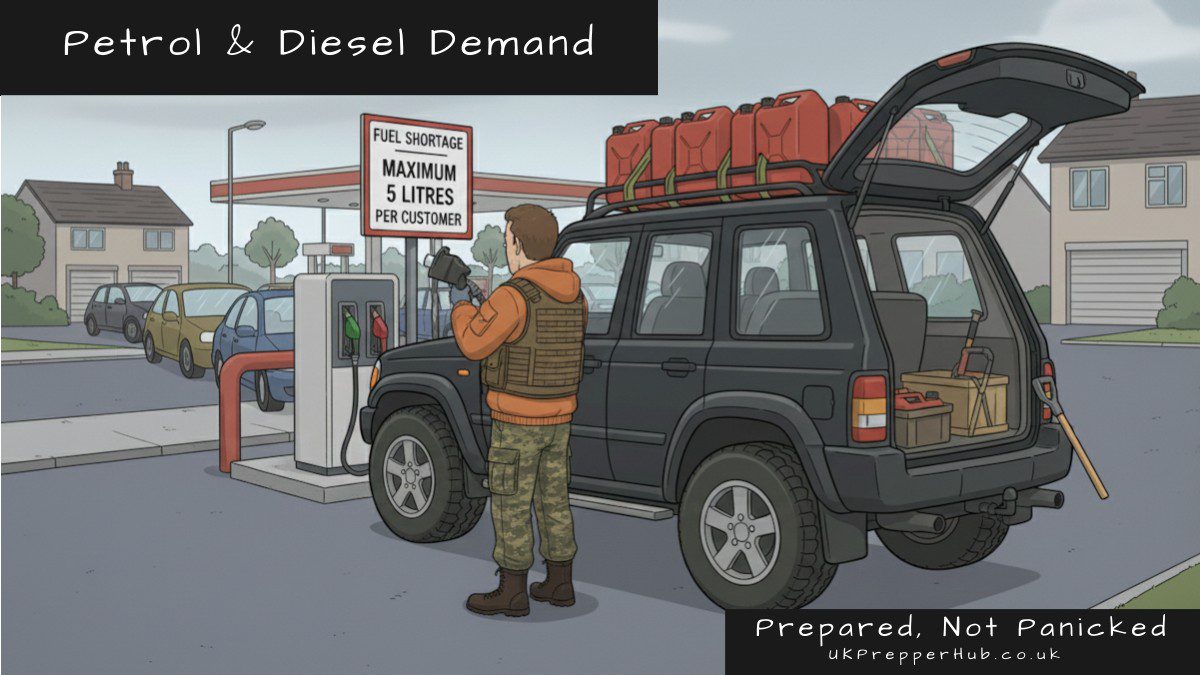 Weekend Warrior at a fuel-shortage petrol station filling his 4x4 while his roof rack is already stacked high with red jerry cans — UK Prepper Hub