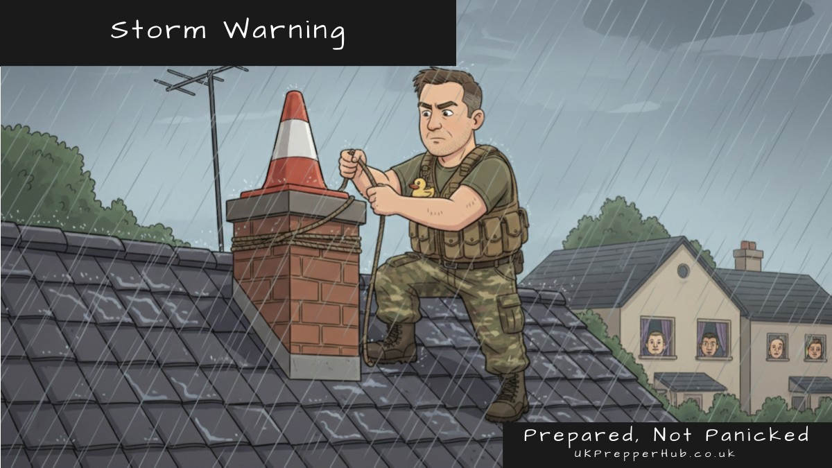 Keith the Prepper on his roof in a storm, lashing a traffic cone to the chimney stack with rope, while neighbours watch bemused from the house next door — UK Prepper Hub