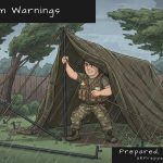 Keith the Prepper in an orange hi-vis on his roof in heavy rain, using a long extension tool to work on the guttering, while a neighbour watches from inside over a cup of tea — UK Prepper Hub