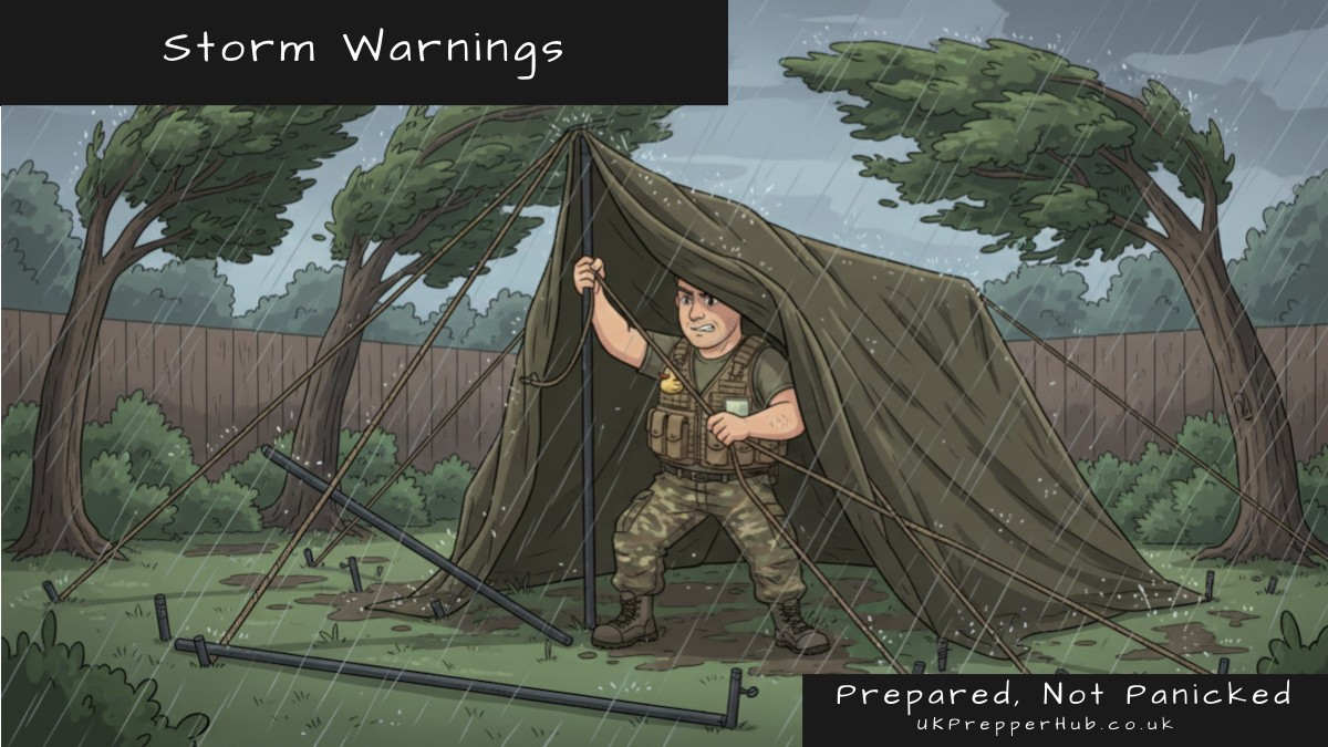 Keith the Prepper in an orange hi-vis on his roof in heavy rain, using a long extension tool to work on the guttering, while a neighbour watches from inside over a cup of tea — UK Prepper Hub