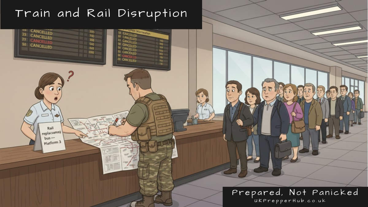 Keith the Prepper at a train station counter with a rail map, departure boards showing all trains cancelled, and a long queue of frustrated passengers stretching behind him — UK Prepper Hub