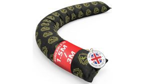 Floodshield flood sock barrier in black fabric with yellow Caution warning print and a Made in the UK badge
