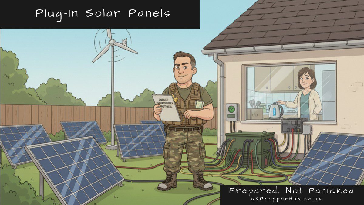 Weekend Warrior in his back garden surrounded by solar panels and a wind turbine, holding an Energy Independence Protocol clipboard, while his wife makes tea at the kitchen window — UK Prepper Hub