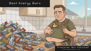 Keith the Prepper sitting at the kitchen table with a vast pile of empty energy bar wrappers, shirt untucked and looking pained while holding yet another bar — UK Prepper Hub