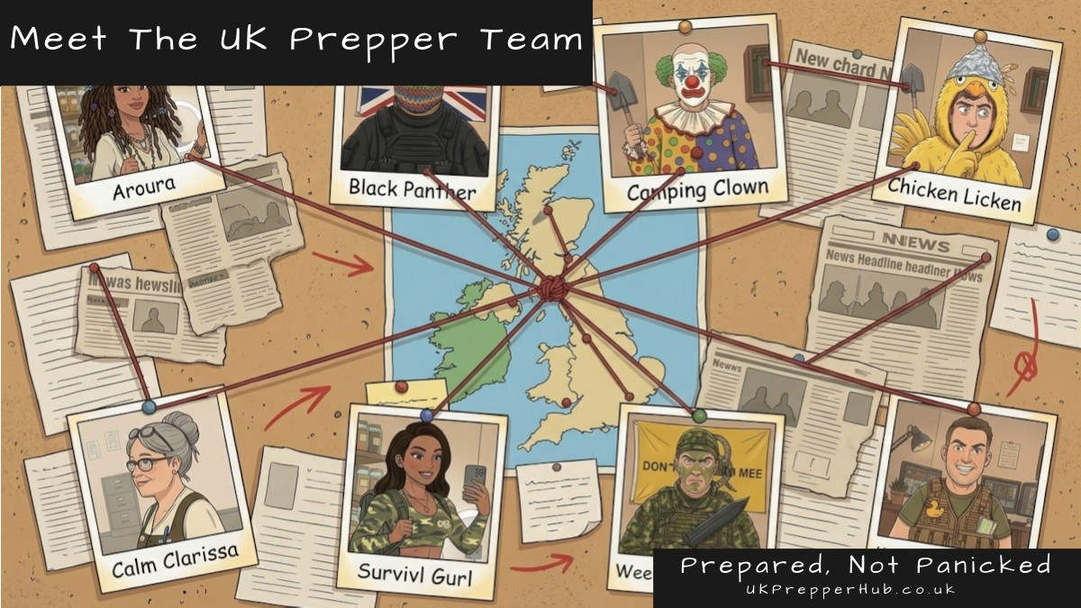 All UK Prepper Hub characters — Aroura, Black Panther, Camping Clown, Chicken Licken, Calm Clarissa, Survivl Gurl, Weekend Warrior, and Keith — pinned as Polaroid photos to a corkboard with red string connecting them to a UK map in the centre — UK Prepper Hub