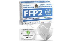 ADESTE FFP2 NR D filtering half masks, pack of 50, showing retail box, an individually sealed pouch, and a white mask — BFE over 99.5%, CE 2797 certified — UK Prepper Hub