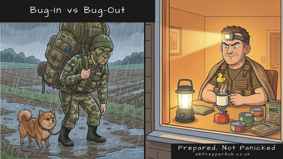 Cartoon illustration comparing bug in vs bug out — Weekend Warrior and Pickle soaked in the rain outside versus Keith warm inside with lantern and camping stove