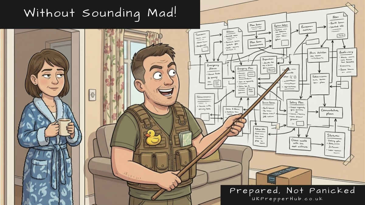 Keith the Prepper enthusiastically about his new family emergency plan, pointing to a huge hand-drawn emergency planning flowchart covering the entire living room wall, while his wife stands in the doorway in a dressing gown holding a mug and looking unimpressed — UK Prepper Hub