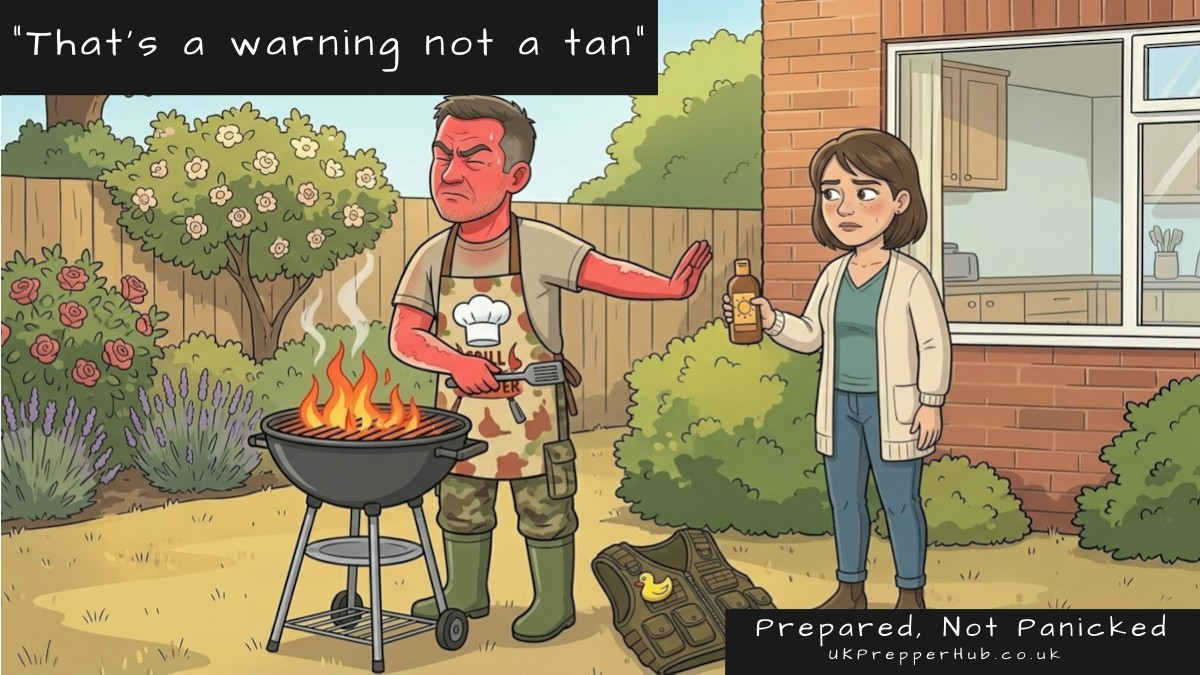 Skin Cancer Prevention UK: Cartoon of a severely sunburned man in a camouflage BBQ apron refusing sunscreen from his wife at a British garden BBQ, his tactical vest with rubber duck discarded on the grass beside him