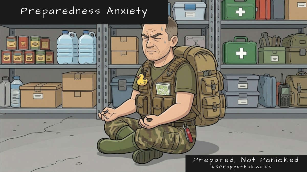 Prepper in full tactical gear sitting anxiously among emergency supply shelves — prepping and anxiety