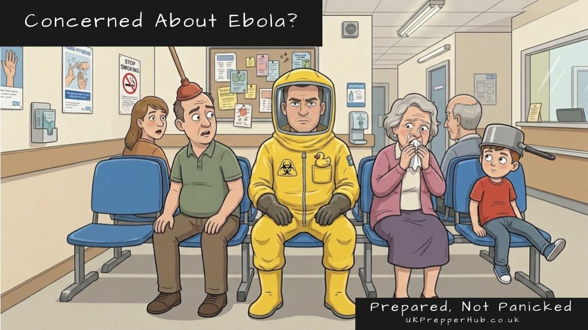 Keith the Prepper in a bright yellow biohazard suit sitting in an NHS waiting room surrounded by alarmed patients, with a Concerned About Ebola? banner overhead — UK Prepper Hub