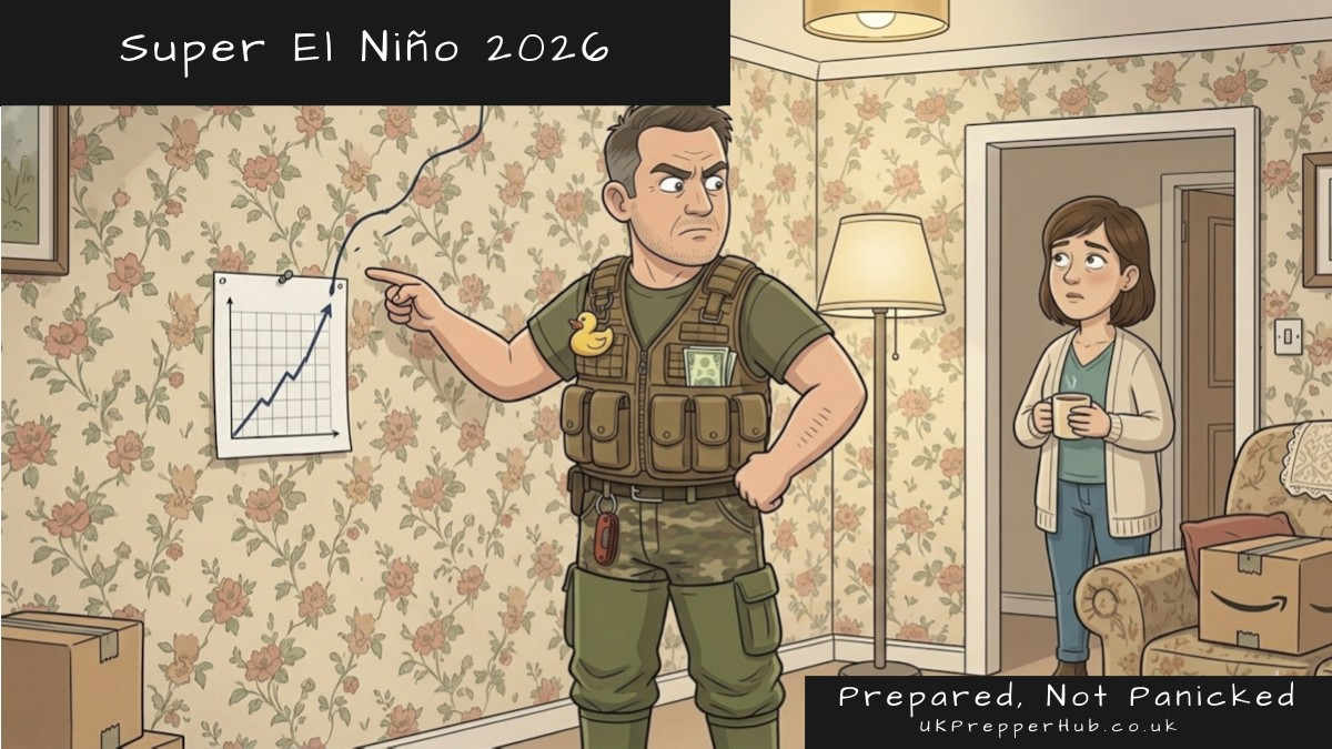 Cartoon illustration of Keith the Prepper pointing proudly at a temperature graph pinned to his living room wall — the line runs off the top of the printed paper and continues in biro directly onto the floral wallpaper toward the ceiling. Keith's wife stands in the doorway holding a mug of tea, looking at her wallpaper.