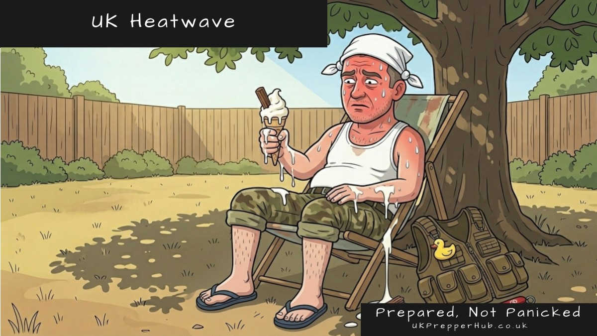 Keith the Prepper sweating in a garden deckchair under a tree, holding a melting 99 ice cream cone during a UK heatwave — UK Prepper Hub