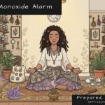 Aroura meditating serenely cross-legged in her herb room surrounded by lit candles, burning incense, crystal clusters, and shelves of herb jars — illustrating the carbon monoxide risks of poor ventilation with candles and incense — Theres a smashed smoke alarm on the floor with a hammer - she obviously kept setting itoff and in a fit of range smashed it before continuing her "relaxed meditation" - UK Prepper Hub