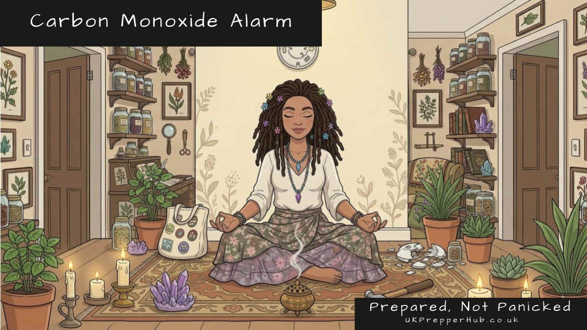 Aroura meditating serenely cross-legged in her herb room surrounded by lit candles, burning incense, crystal clusters, and shelves of herb jars — illustrating the carbon monoxide risks of poor ventilation with candles and incense — Theres a smashed smoke alarm on the floor with a hammer - she obviously kept setting itoff and in a fit of range smashed it before continuing her "relaxed meditation" - UK Prepper Hub