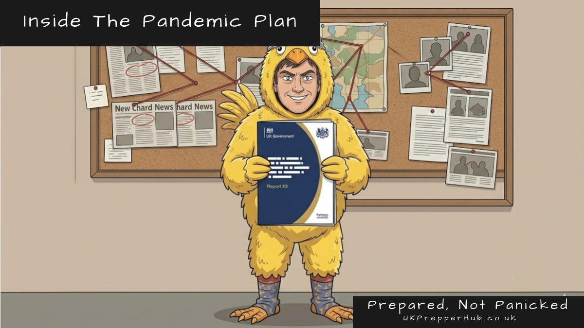 Chicken Licken in his yellow chicken onesie with a tinfoil hat, holding a UK Government pandemic report, a conspiracy corkboard covered in circled news clippings and red string behind him — UK Prepper Hub