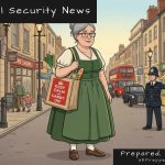 Calm Clarissa strolling through a British high street with a Keep Calm and Carry On shopping tote, a police officer directing traffic in the background — UK Prepper Hub
