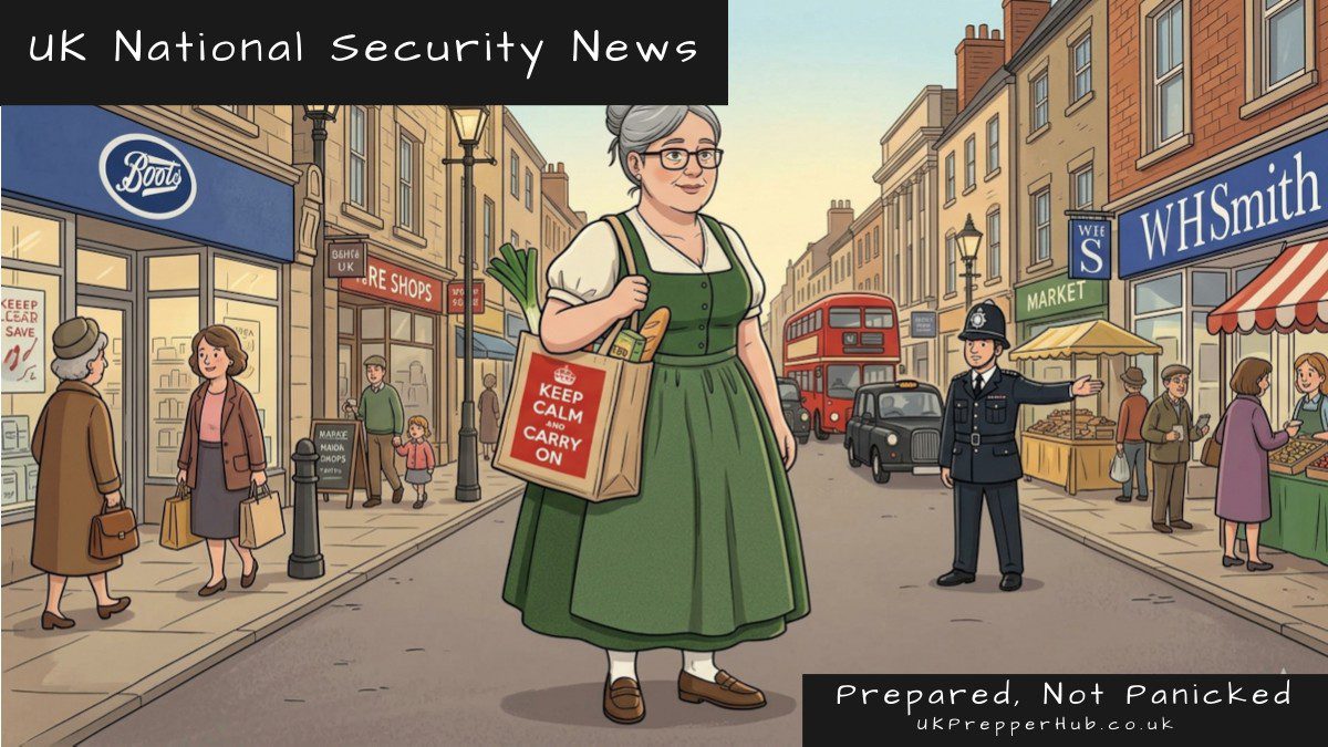 Calm Clarissa strolling through a British high street with a Keep Calm and Carry On shopping tote, a police officer directing traffic in the background — UK Prepper Hub